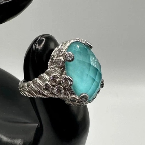 Judith Ripka Sterling Oval Turquoise and Quartz Doublet Cocktail Ring 5.75 - Picture 5 of 16